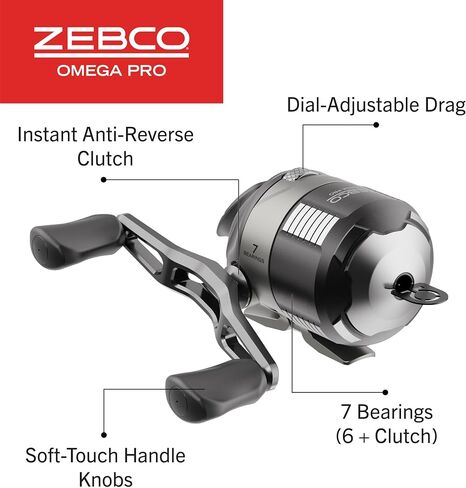 Zebco Omega Pro Spincast Fishing Reel, Dual Ceramic Pick-up Pins, Solid-Brass Pinion Gear, GlideLine ll Line Retrieval System, Pre-Spooled, Black in Kuwait