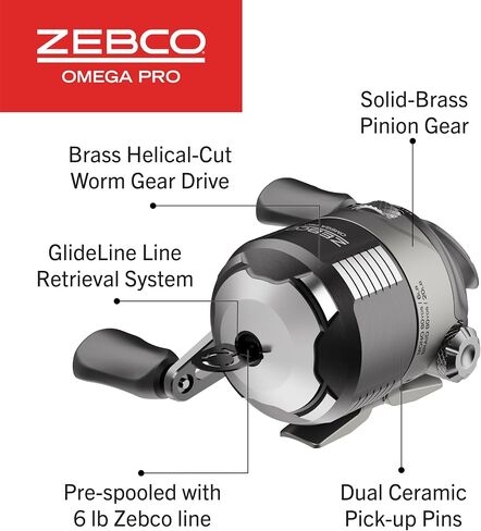 Zebco Omega Pro Spincast Fishing Reel, Dual Ceramic Pick-up Pins, Solid-Brass Pinion Gear, GlideLine ll Line Retrieval System, Pre-Spooled, Black in Kuwait