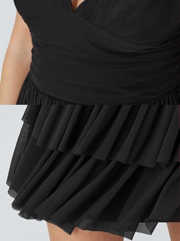 Women's Sexy V Neck Ruffled Hem Mesh Sleeveless Ruched Spaghetti Strap Flowy Mini Dress in Kuwait