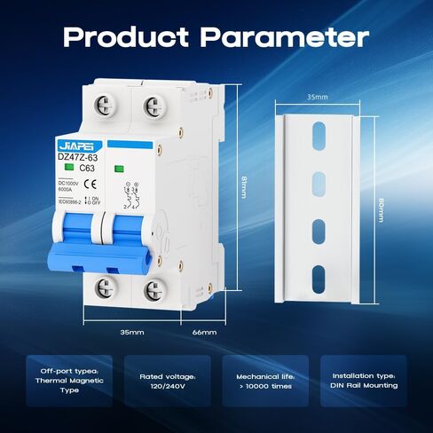 DC Miniature Circuit Breaker, 1000V 2 Pole 63 Amp Isolator for Solar PV System, Thermal Magnetic Trip DIN Rail Mount, C63 DC Disconnect Switch in Kuwait
