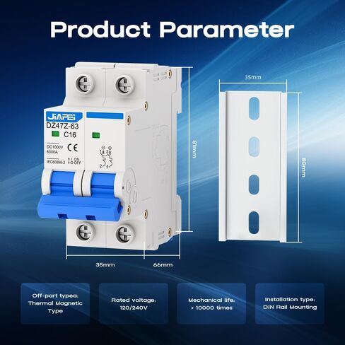 DC Miniature Circuit Breaker, 1000V 2 Pole 63 Amp Isolator for Solar PV System, Thermal Magnetic Trip DIN Rail Mount, C63 DC Disconnect Switch in Kuwait