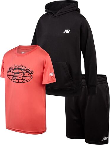 New Balance Boys' Sweatsuit - 3 Piece Fleece Pullover Hoodie, Sweat Shorts, T-Shirt - Athleisure Shorts Set for Boys (8-12), Size 8, Grey Orange in Saudi Arabia