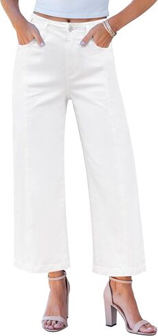 GRAPENT Wide Leg Jeans Woman Trendy Cropped High Waisted Front Seam Casual Stretchy Denim Trouser Jeans with Pockets in Saudi Arabia