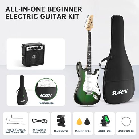 Susen 39"Inch Solid Full Size Electric Guitar Beginner Kit,Electric Guitar Starter Kit,S-S-S Pickups With 5W Amp,Strings, Pick,Tremolo Bar,Bag,Strip,Tuner.Cable,Blue in Saudi Arabia