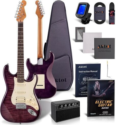 Aklot Stryde Electric Guitar مع تقسيم الملف: رقبة القيقب المحمصة ، قمة رسومات القيقب اللهب ، Pickups HSS Ceramic ، مجموعة الغيتار المبتدئين مع 10W AMP ، حقيبة أزعج ، حزام ، اختيارات ، كتاب درس ، Violet Venom in Kuwait