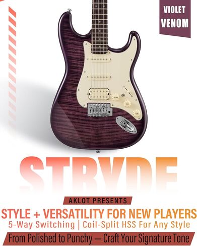 Aklot Stryde Electric Guitar مع تقسيم الملف: رقبة القيقب المحمصة ، قمة رسومات القيقب اللهب ، Pickups HSS Ceramic ، مجموعة الغيتار المبتدئين مع 10W AMP ، حقيبة أزعج ، حزام ، اختيارات ، كتاب درس ، Violet Venom in Kuwait