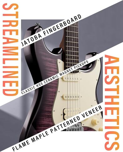 Aklot Stryde Electric Guitar مع تقسيم الملف: رقبة القيقب المحمصة ، قمة رسومات القيقب اللهب ، Pickups HSS Ceramic ، مجموعة الغيتار المبتدئين مع 10W AMP ، حقيبة أزعج ، حزام ، اختيارات ، كتاب درس ، Violet Venom in Kuwait