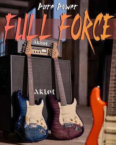 Aklot Stryde Electric Guitar مع تقسيم الملف: رقبة القيقب المحمصة ، قمة رسومات القيقب اللهب ، Pickups HSS Ceramic ، مجموعة الغيتار المبتدئين مع 10W AMP ، حقيبة أزعج ، حزام ، اختيارات ، كتاب درس ، Violet Venom in Kuwait