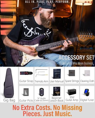 Aklot Stryde Electric Guitar مع تقسيم الملف: رقبة القيقب المحمصة ، قمة رسومات القيقب اللهب ، Pickups HSS Ceramic ، مجموعة الغيتار المبتدئين مع 10W AMP ، حقيبة أزعج ، حزام ، اختيارات ، كتاب درس ، Violet Venom in Kuwait