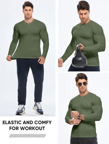 JMIERR Mens Muscle Slim Henley Shirt Button V-Neck Long Sleeve Gym Workout Athletic T Shirts in Saudi Arabia