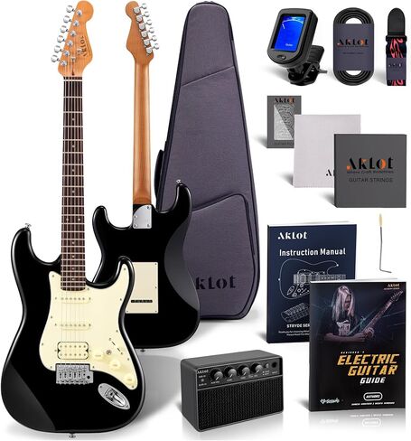 AKLOT Stryde Electric Guitar with Coil-Split: Roasted Maple Neck, Flame Maple Graphic Top, HSS Ceramic Pickups, Beginner Guitar Kit with 10W Amp, Gig Bag, Strap, Picks, Lesson Book, Violet Venom in Kuwait