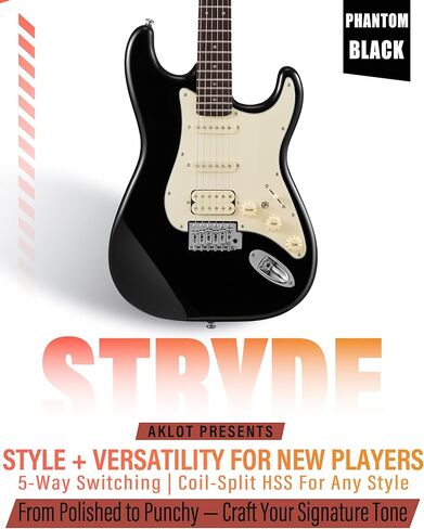 AKLOT Stryde Electric Guitar with Coil-Split: Roasted Maple Neck, Flame Maple Graphic Top, HSS Ceramic Pickups, Beginner Guitar Kit with 10W Amp, Gig Bag, Strap, Picks, Lesson Book, Violet Venom in Kuwait