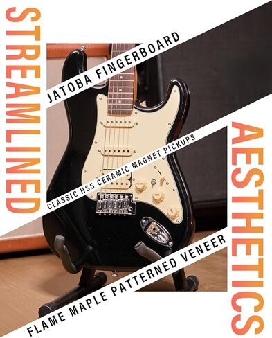 AKLOT Stryde Electric Guitar with Coil-Split: Roasted Maple Neck, Flame Maple Graphic Top, HSS Ceramic Pickups, Beginner Guitar Kit with 10W Amp, Gig Bag, Strap, Picks, Lesson Book, Violet Venom in Kuwait