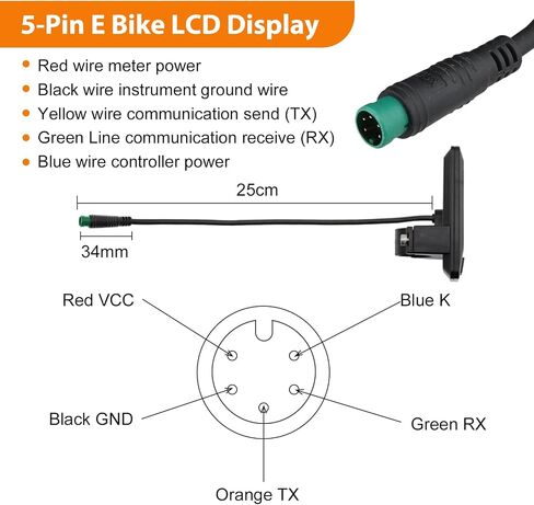 5Pins Electric Bike LCD Display Meter, 24V 36V 48V E Bike Control Panel For Handlebars Approximately Φ22.2mm / Φ0.87in, Waterproof Connector, No.2 Communication Protocol in Kuwait