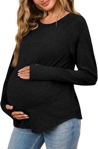 قمصان الأمومة النسائية ذات الأكمام الطويلة حول قمم الحمل بملابس الحمل لائقة بلوزات غير رسمية مع ثقوب الإبهام in Kuwait