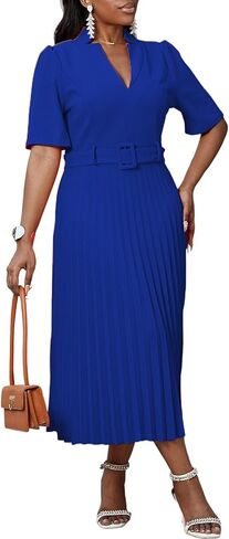 HuiSiFang Women's Elegant Pleated Dress Dressy Short Sleeve Elegant Formal A Line Dresses with Belt in Kuwait