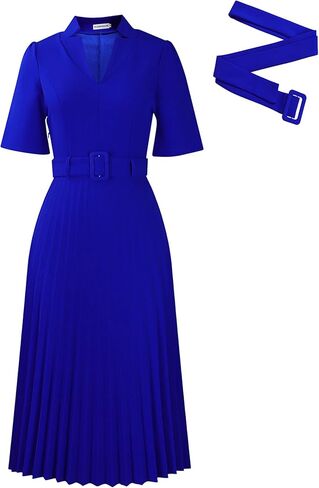 HuiSiFang Women's Elegant Pleated Dress Dressy Short Sleeve Elegant Formal A Line Dresses with Belt in Kuwait