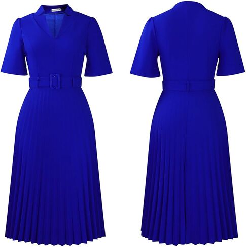 HuiSiFang Women's Elegant Pleated Dress Dressy Short Sleeve Elegant Formal A Line Dresses with Belt in Kuwait