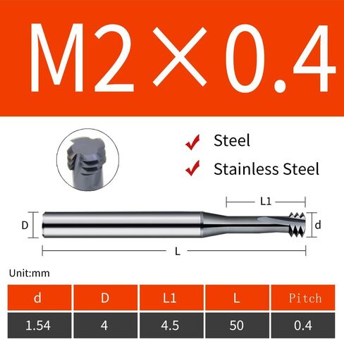 Metric Thread Milling Cutter Solid Carbide for Stainless Steel (5pcs M2×0.4) in Kuwait