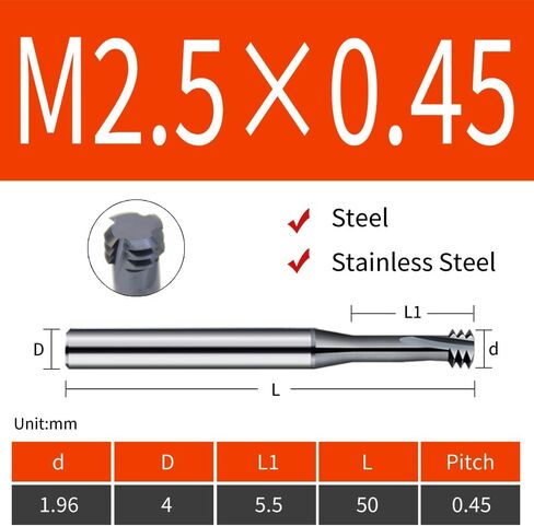 Metric Thread Milling Cutter Solid Carbide for Stainless Steel (5pcs M2×0.4) in Kuwait
