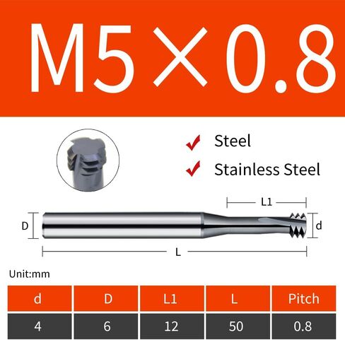 Metric Thread Milling Cutter Solid Carbide for Stainless Steel (5pcs M2×0.4) in Kuwait