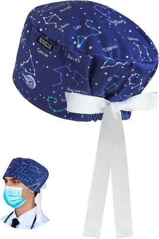 Navy Zodiac Constellation Euro Scrub Caps Women and Men with Buttons, Adjustable Head Cover with Ribbons, Surgical Hat for Women to Secure Long Hair and Helps Reduce Static Buildup in Saudi Arabia
