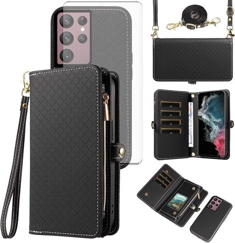 ASUWISH PHONE CASE لـ SAMSUNG GALAXY S22 ULTRA 5G SHIPPER WALLET COLLE القابلة للفصل مع حامي الشاشة الزجاجية المحفورة حامضة حزام حزام in Saudi Arabia