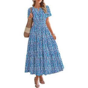 BTFBM Summer Dresses for Women 2025 Floral Casual Short Sleeve V Neck Elastic Waist Maxi Wedding Guest Dress Pockets in Kuwait
