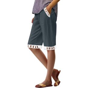Women Summer Comfy Shorts Casual Solid Beach Bermuda-Shorts with Pocket, Ladies Elastic Waist Knee Length Short Pants in Saudi Arabia