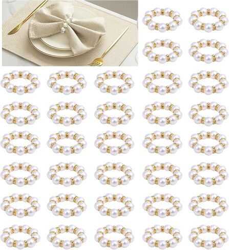 48 Pcs Gold Disposable Napkin Rings, Delicate Pearl Napkin Ring Holder, White & Golden Beaded Serviette Buckles for Formal Wedding Dinner Home Decor Party Supplies in Saudi Arabia
