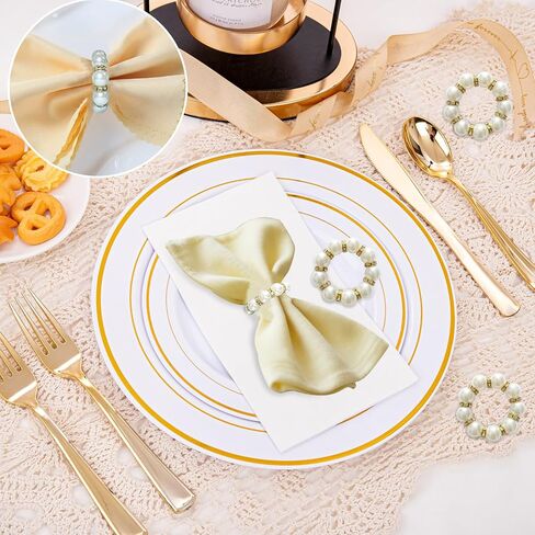 48 Pcs Gold Disposable Napkin Rings, Delicate Pearl Napkin Ring Holder, White & Golden Beaded Serviette Buckles for Formal Wedding Dinner Home Decor Party Supplies in Saudi Arabia