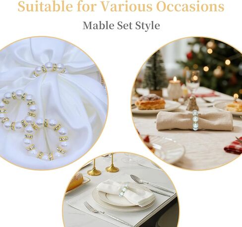 48 Pcs Gold Disposable Napkin Rings, Delicate Pearl Napkin Ring Holder, White & Golden Beaded Serviette Buckles for Formal Wedding Dinner Home Decor Party Supplies in Saudi Arabia