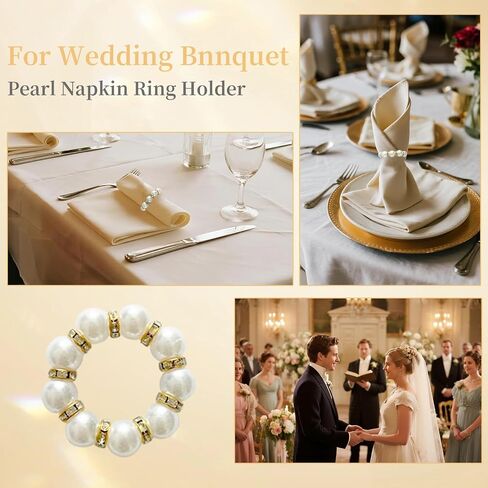 48 Pcs Gold Disposable Napkin Rings, Delicate Pearl Napkin Ring Holder, White & Golden Beaded Serviette Buckles for Formal Wedding Dinner Home Decor Party Supplies in Saudi Arabia