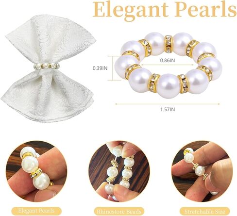 48 Pcs Gold Disposable Napkin Rings, Delicate Pearl Napkin Ring Holder, White & Golden Beaded Serviette Buckles for Formal Wedding Dinner Home Decor Party Supplies in Kuwait