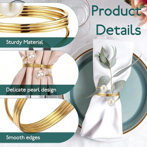 Elegant Pearl Napkin Rings, 50 Pcs Stylish Gold Napkin Ring, Delicate White&Gold Beaded Serviette Buckles for Wedding Thanksgiving Christmas Family Gathering Birthday Banquet Party Table Supplies in Saudi Arabia