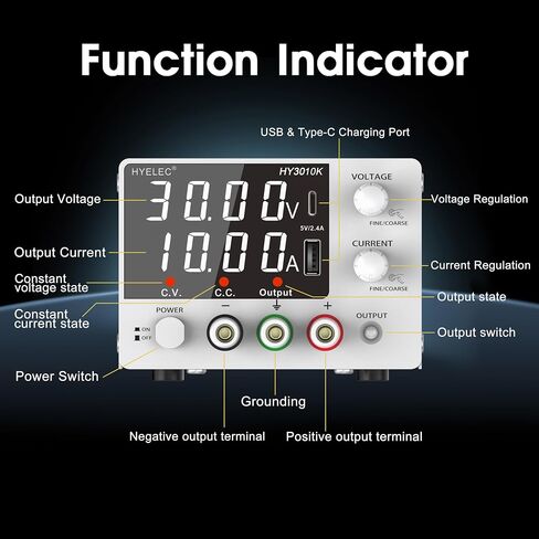 Variable DC Power Supply, 0-30V 0-5A, HYELEC Bench Power Supply with Encoder Knob, 4-Digit LED Display, Digital Calibration, USB and Type-C Charging in Kuwait