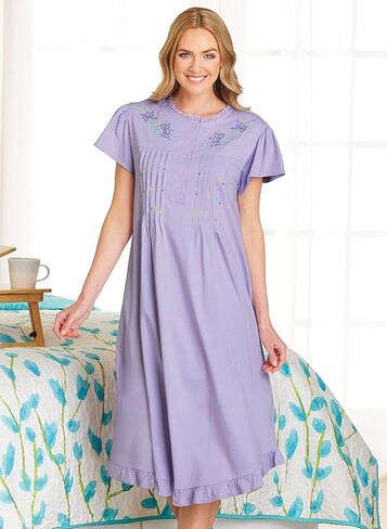 AmeriMark Women's Embroidered Knit Night Gown Long Partial Button Front Dress Celadon - Mid Calf 2X in Saudi Arabia