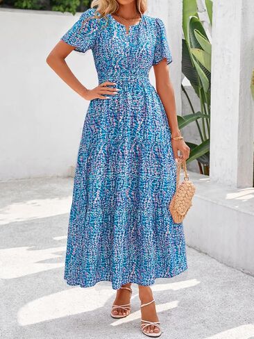 BTFBM Summer Dresses for Women 2025 Floral Casual Short Sleeve V Neck Elastic Waist Maxi Wedding Guest Dress Pockets in Kuwait