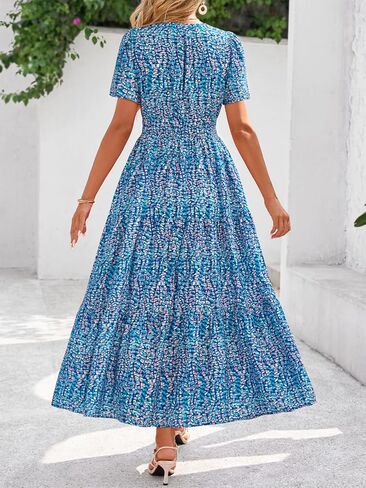BTFBM Summer Dresses for Women 2025 Floral Casual Short Sleeve V Neck Elastic Waist Maxi Wedding Guest Dress Pockets in Kuwait