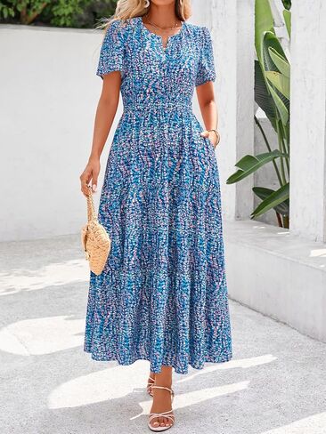 BTFBM Summer Dresses for Women 2025 Floral Casual Short Sleeve V Neck Elastic Waist Maxi Wedding Guest Dress Pockets in Kuwait
