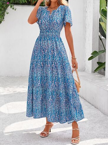 BTFBM Summer Dresses for Women 2025 Floral Casual Short Sleeve V Neck Elastic Waist Maxi Wedding Guest Dress Pockets in Kuwait
