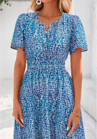 BTFBM Summer Dresses for Women 2025 Floral Casual Short Sleeve V Neck Elastic Waist Maxi Wedding Guest Dress Pockets in Kuwait