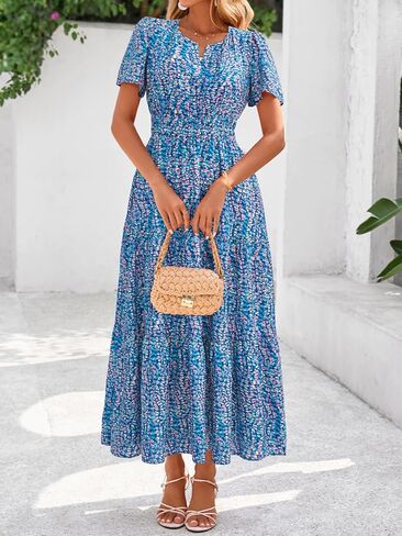 BTFBM Summer Dresses for Women 2025 Floral Casual Short Sleeve V Neck Elastic Waist Maxi Wedding Guest Dress Pockets in Kuwait