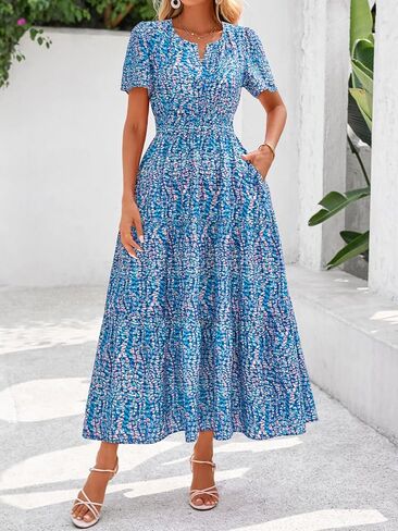 BTFBM Summer Dresses for Women 2025 Floral Casual Short Sleeve V Neck Elastic Waist Maxi Wedding Guest Dress Pockets in Kuwait