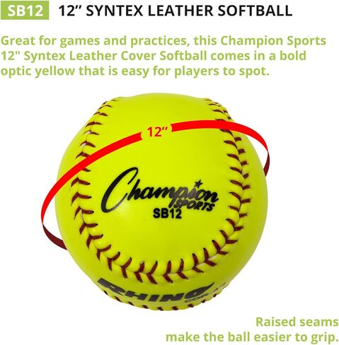 Champion Sports 12" Syntex Leather Cover Softballs - Cork Core - Medium Compression - NFHS Approved - Raised Seams - Optic Yellow - Pack of 12 in Saudi Arabia