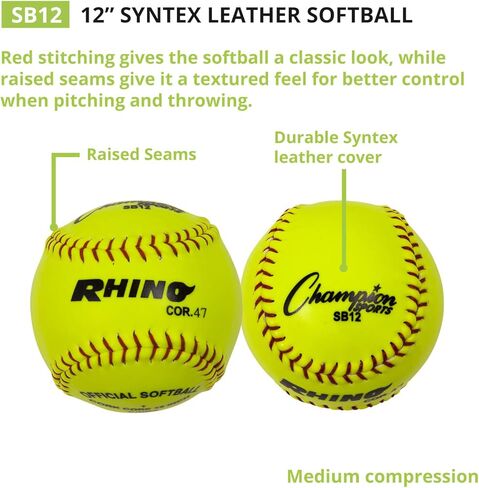 Champion Sports 12" Syntex Leather Cover Softballs - Cork Core - Medium Compression - NFHS Approved - Raised Seams - Optic Yellow - Pack of 12 in Saudi Arabia