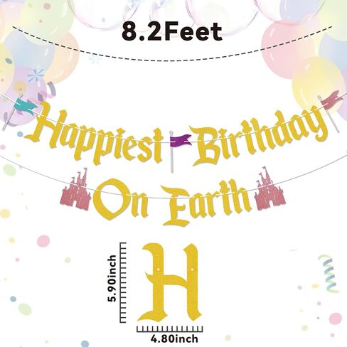 Happiest Birthday On Earth Banner - Castle Theme Bday Banner, Funny Princess Castle Birthday Party Decorations Rose Gold in Kuwait