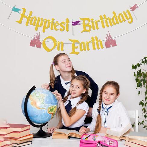 Happiest Birthday On Earth Banner - Castle Theme Bday Banner, Funny Princess Castle Birthday Party Decorations Rose Gold in Kuwait