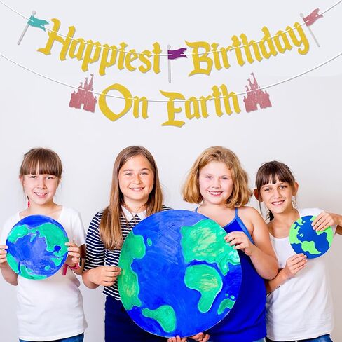 Happiest Birthday On Earth Banner - Castle Theme Bday Banner, Funny Princess Castle Birthday Party Decorations Rose Gold in Kuwait