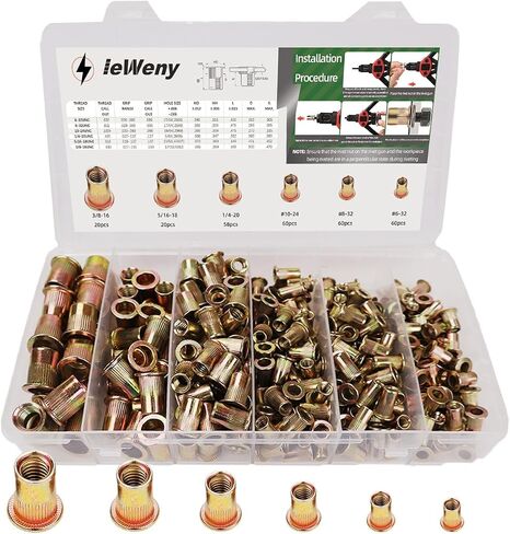 Rivet Nut Assortment Kit(278Pcs), 1/4"-20, 3/8"-16, 5/16"-18, #10-24, #8-32, #6-32UNC SAE Rivnuts Set, Threaded Inserts for Metal, Galvanized Flat Head Knurled Body Carbon Steel Nutserts in Kuwait